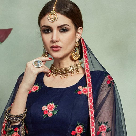 ove clothes…Love Style Navy Blue Net Thread With Sequence Work Lehenga Choli - Picture 2 of 2